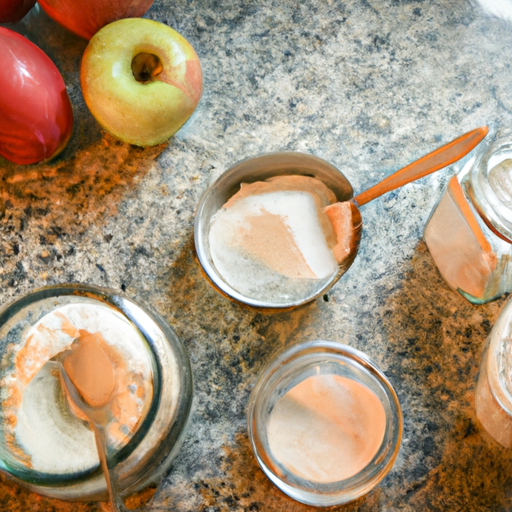 Fresh apples, sugar, flour, and spices laid out on a kitchen counter for making apple pie