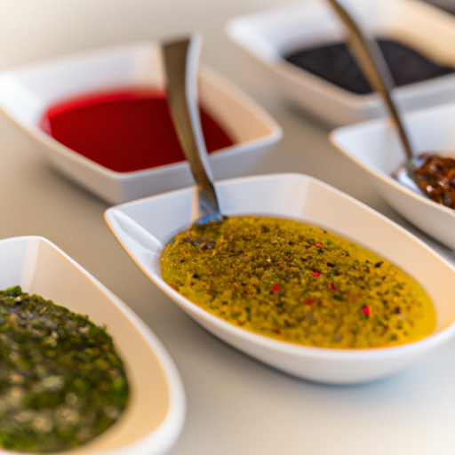 Assortment of colorful marinades in bowls, ready to be used on steaks