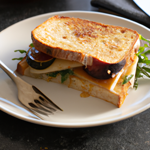 A gourmet grilled cheese sandwich with brie, fig jam, and arugula